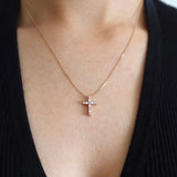 Pink Sapphire Diamond Cross Necklace Pendant in 18K Rose Gold